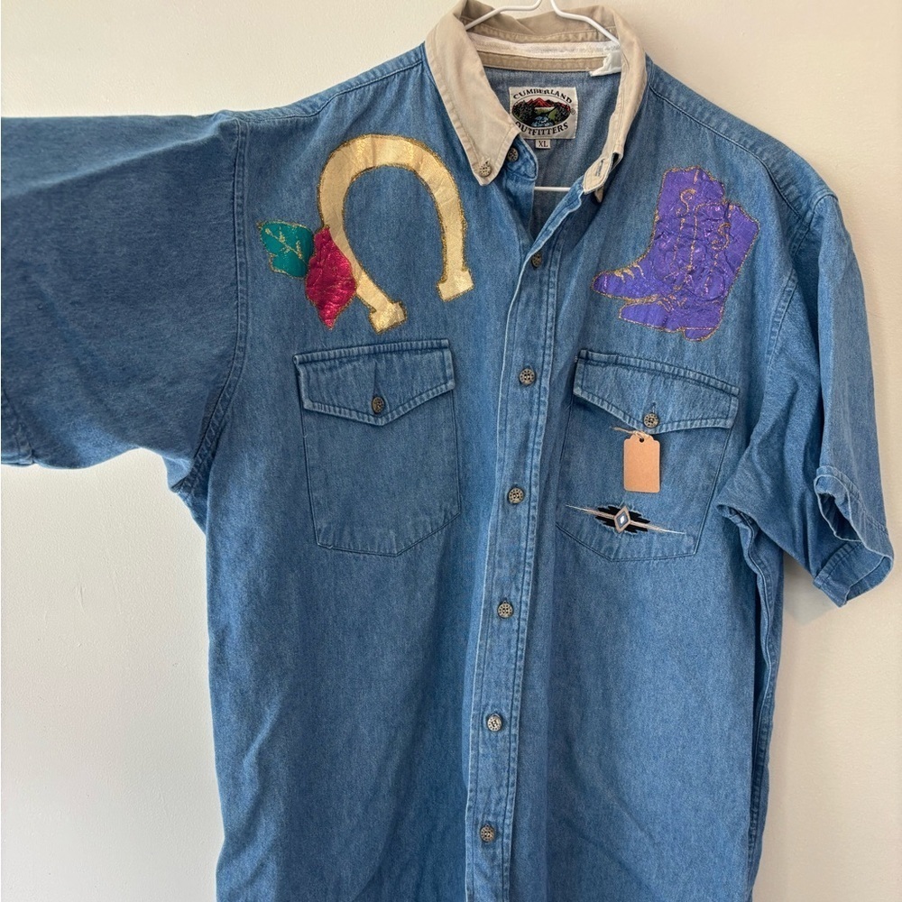 Vintage Western Retro Cowgirl Boots Denim Sequin Patched Button Down Shirt - XL
